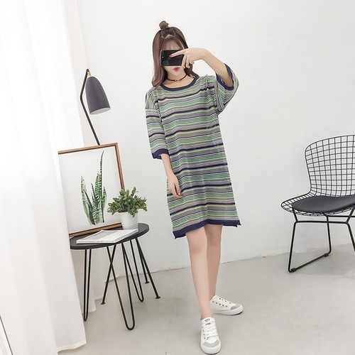 1241．ボーダーラウンドネックワンピース（グリーン）