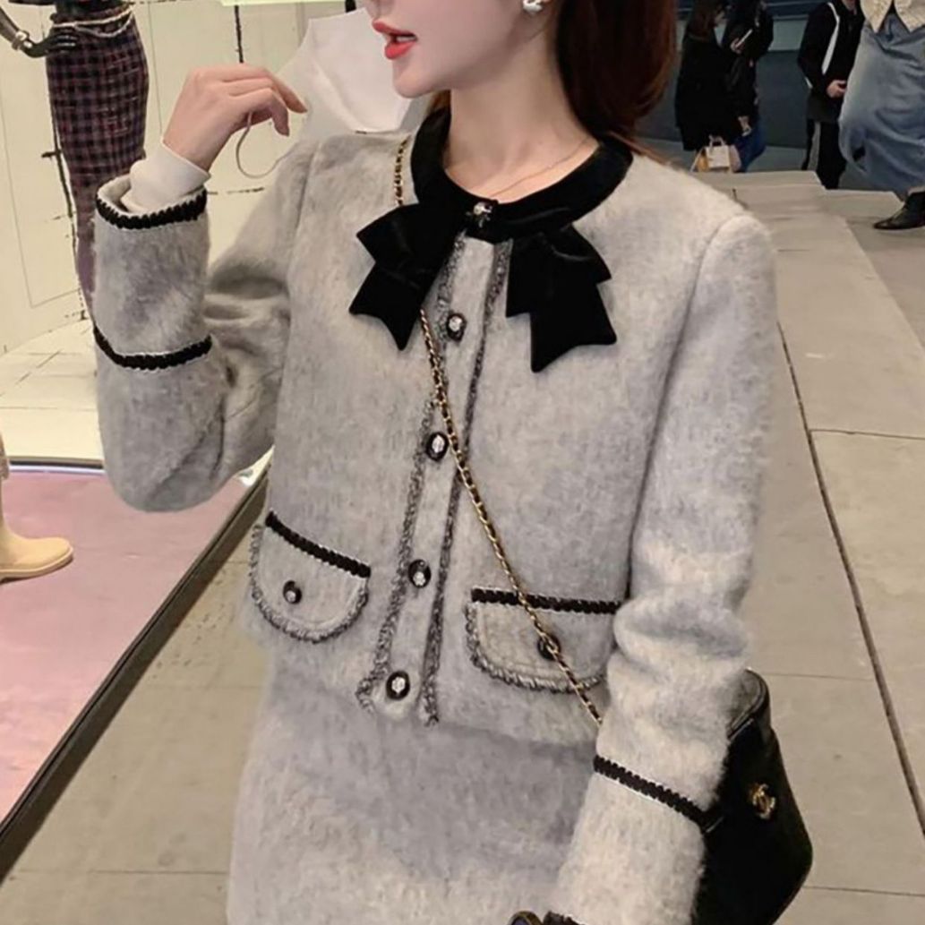 高級シャネル風ウエスタンリボン韓国風カーディガンジャケットレディース秋冬Aラインショートスカートスーツ