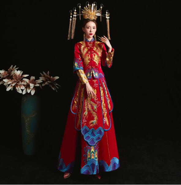 期間限定30%割引 中華ウエディングドレス　中国古典チャイナ服　中華衣装上下二点セットアップ　赤　鳳刺しゅう　豪華チャイナ風舞台ステージ服　チャイナドレス　花嫁ドレス　古代漢服唐装中華ウエディングドレ