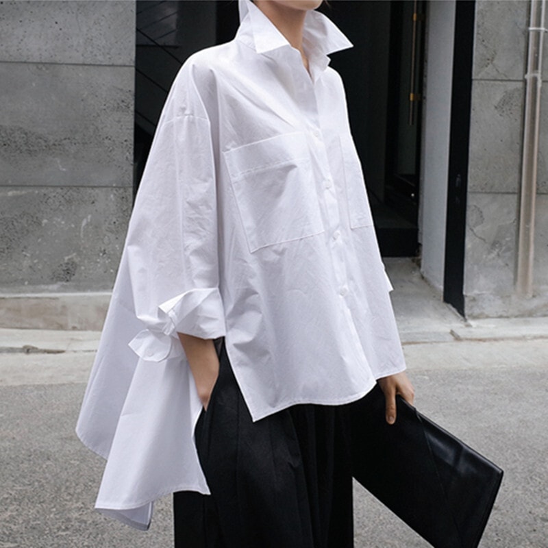 トップス レディース シャツ ブラウス S M L XL 韓国 白シャツ 白トップス 袖あり 長袖 襟付き アシンメトリー かわいい 大人可愛い きれいめ シンプル カジュアル 大人 上品 おしゃれ