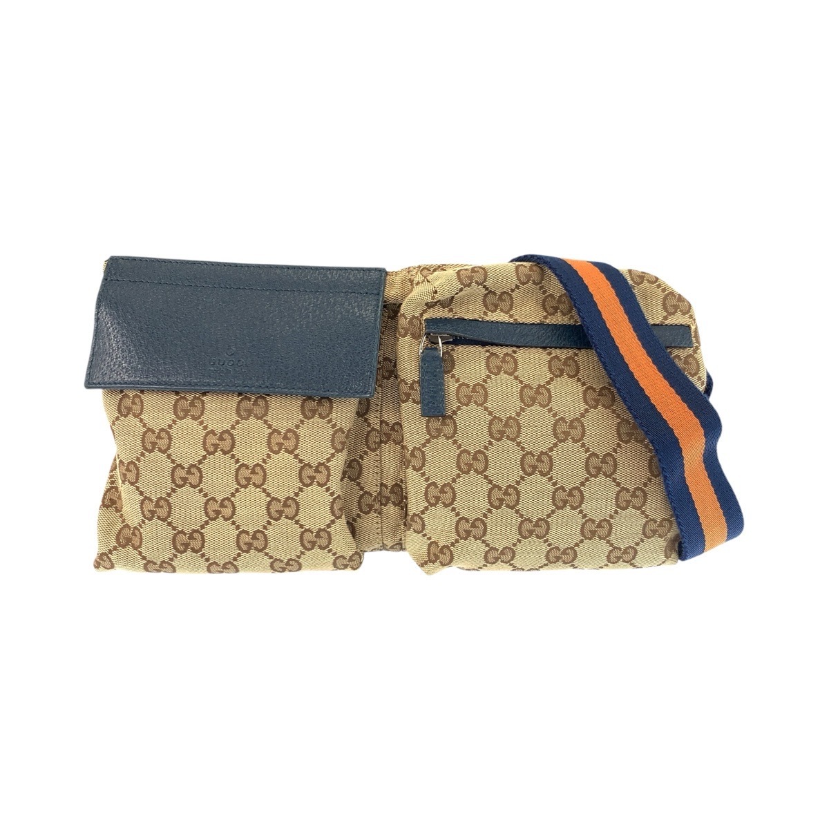 美品 シェリーライン ブラウン ブルー シルバー金具 GGキャンバス/レザー 28566 491404 ボディバッグ ウエストポーチ バムバッグ レディース 602802