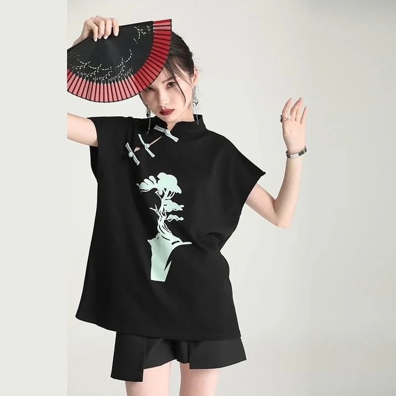 ロングブラウス レディース 中華風 ブラウス 体型カバー チュニック ゆる Tシャツ トップス 民族風