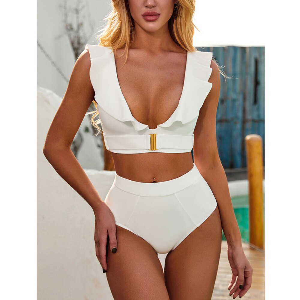 Vネックとフリルのバックルが付いた女性用ボレロ水着,無地,セクシー,ファッショナブル,シック,ビーチ