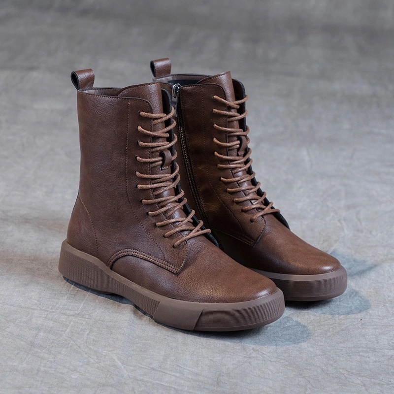 2025 本革 牛革 秋冬ファッション レディースショートブーツ 大きいサイズ英国スタイルパッド入りフラットレトロ ブーツ 靴