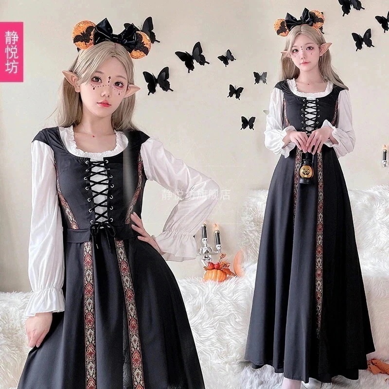 大ヒット中 ヨーロピアンレトロ牧歌風メイドロングドレス ハロウィン 大人用 コスプレ 魔女総会用 コスプレドレス