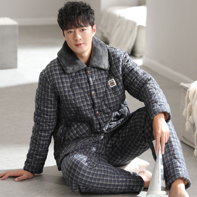 メンズ冬パジャマ3層厚手プラスベルベット織り純綿キルティング秋冬コーラルフリース冬綿詰めジャケットホーム服 4,287円