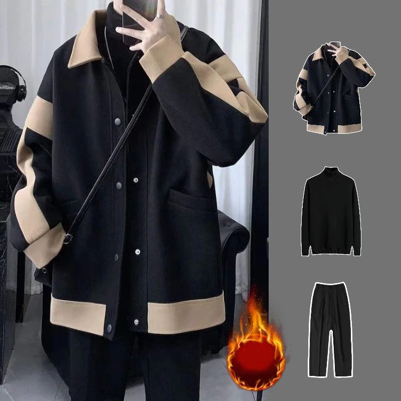 新しい ラシャコート/ジャケット+タートルネックセーター+ロングズボン 3点セット メンズファッション セットアップ