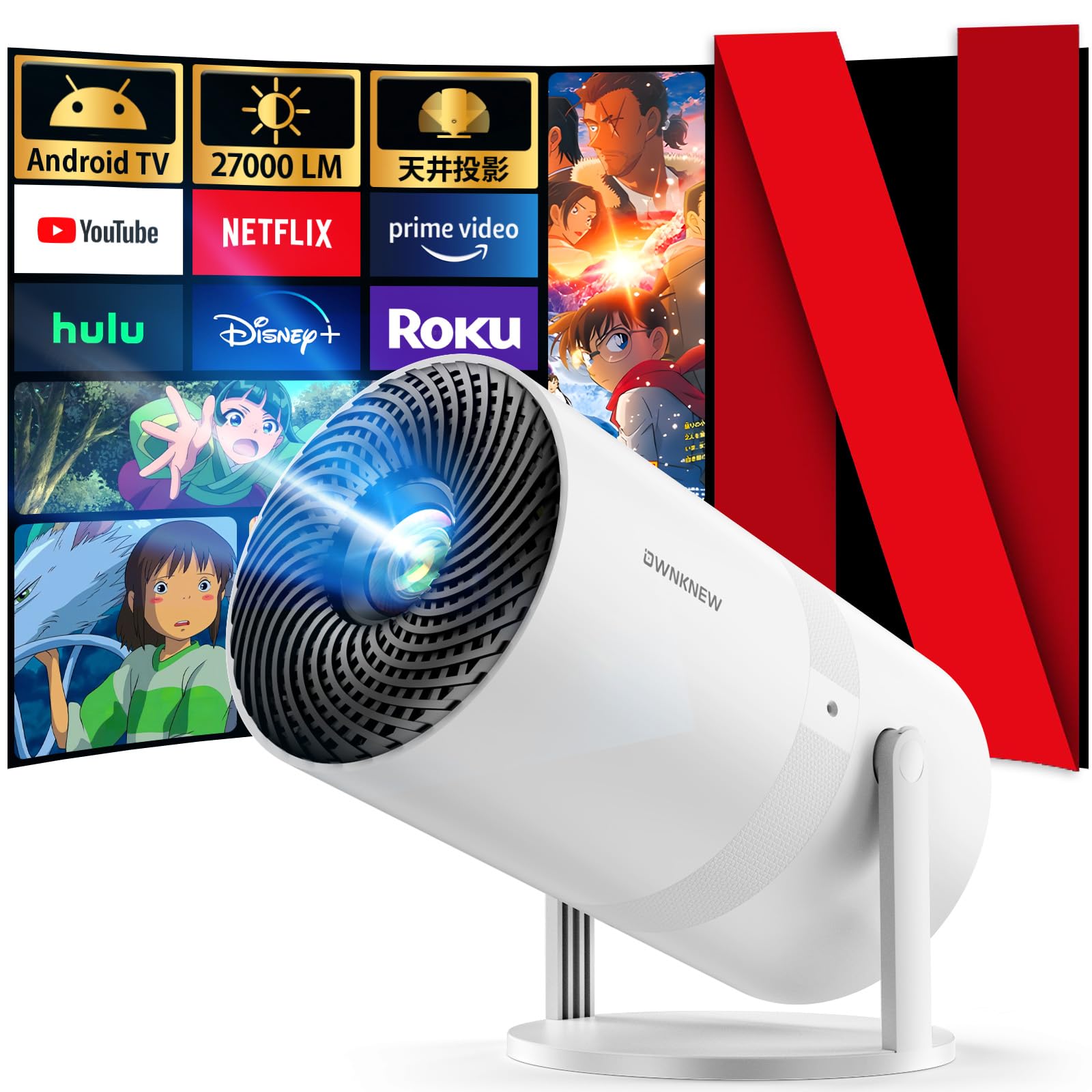 【最新Android TV搭載＆270回転】OWNKNEW プロジェクター 27000LM 天井投影 1080P WIFI6 自動台形補正 4K対応 Bluetooth5.4 小型 ホームプロジェク