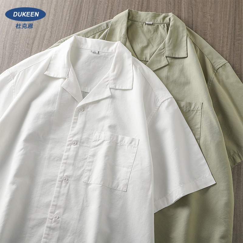 夏のアメリカンレトロ半袖シャツ男性用キューバンカラー無地ルーズカジュアル白シャツ