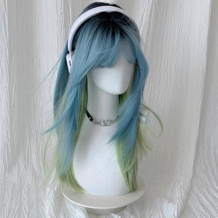 ハロウィン コスプレ ブルー ぱっつん前髪 原宿風 グラデーション かつら 新品/第1弾キャンペーンウィッグ ロングウィッグ 姫ウィッグ 前髪あり フルウィッグ グリーン 韓国風 ロリータ