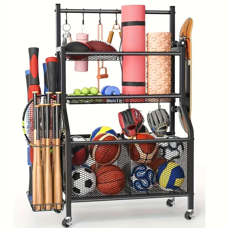 金属スポーツ用品収納ラックホイール付きジムや家庭の整理用のフロアスタンディングシェルフボールバットグローブダンベル用のマルチコンパートメントオーガナイザー電気は必要ありませんスポーツ用