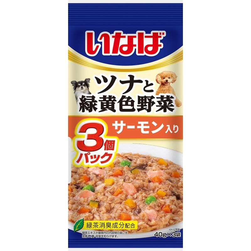 （まとめ買い）いなば ツナと緑黄色野菜 サーモン入り 40gx3袋 犬用フード [x16]