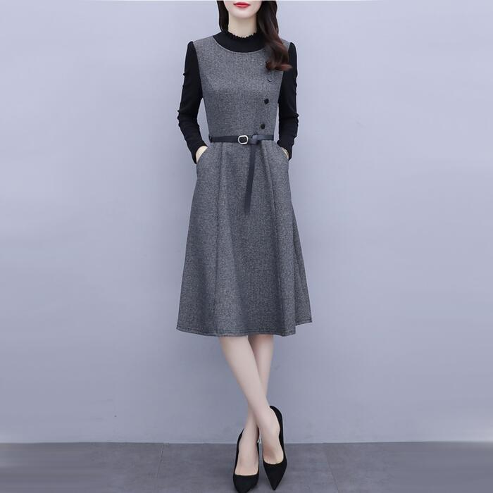 ワンピース 袖あり ニット ワンピ ドレス ハイネック フリル レディース きれいめ カジュアル おしゃれ 長袖 大人 可愛い フェミニン ミモレ丈 切替 ハイウエスト シンプル Aライン ホワイト