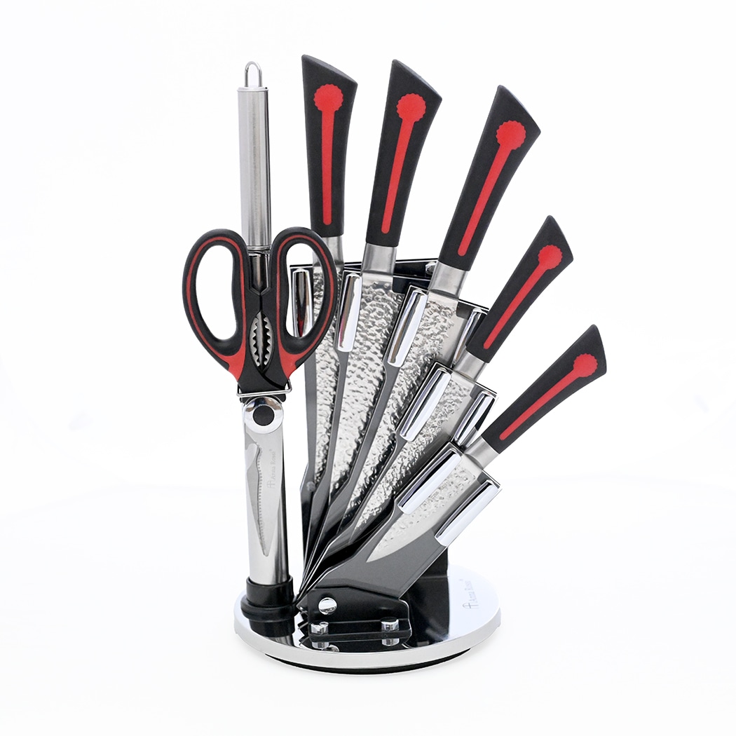 Anna Rossi 5点包丁セット 【牛刀包丁・菜切り包丁・パン切り包丁・ペティナイフ・果物ナイフ・キッチンバサミ】調理はさみ・シャープナー・包丁立て付属 収納台セット 包丁ケース キッチン収納