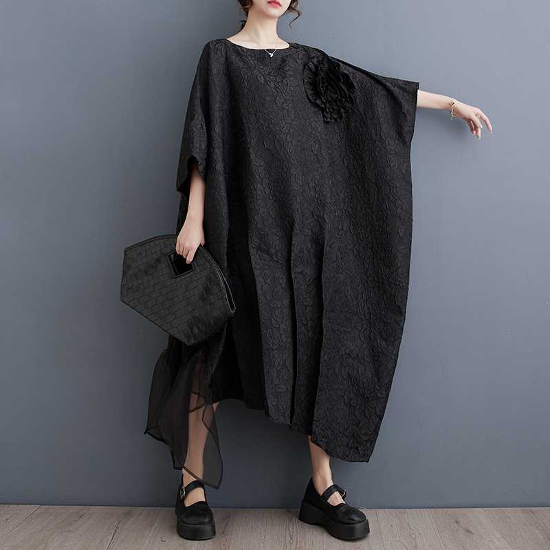 「ファットガール」 秋 ワンピース 花飾り チュール おしゃれ レディース ロングワンピース 体型カバー