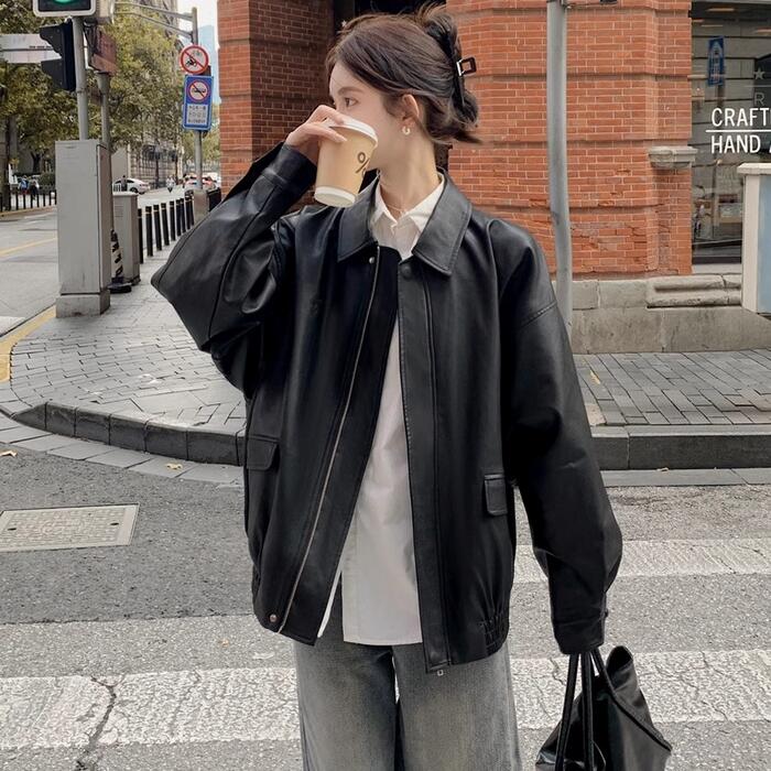 アウター コート ジャケット ブルゾン フェイクレザー 革ジャン レディース エレガント きれいめ カジュアル 大人 可愛い フェミニン かっこいい おしゃれ ヴィンテージ オーバーサイズ ブラウン