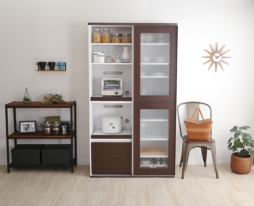 ラック 食器棚 レンジ台 キッチン収納 白 北欧モダン おしゃれ 木目柄 カップボード ガラス 扉付き 棚 キャビネット 木製 ホワイト