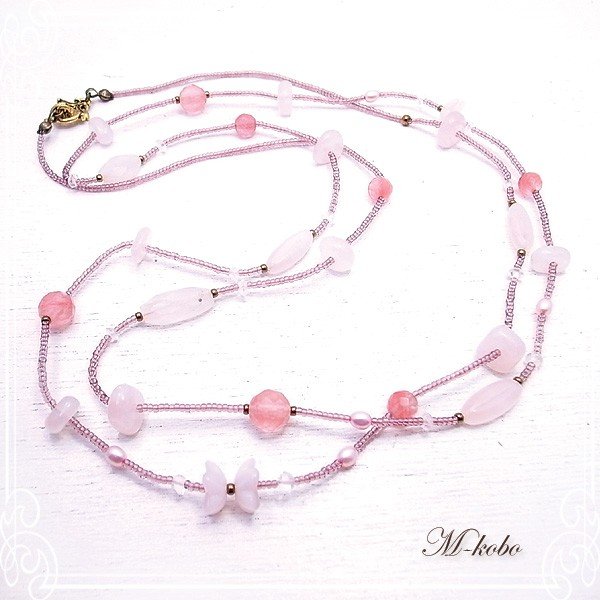 ロングネックレス ローズクォーツ 水晶 とんぼ玉 天然石 ハンドメイド // M-kobo
