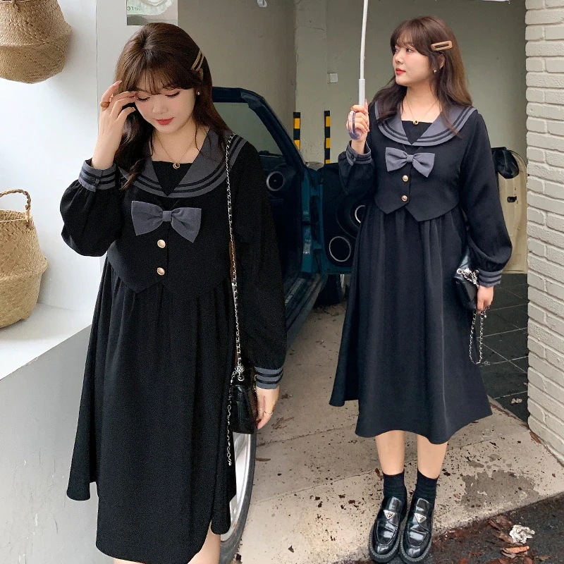 大きいサイズ 学院風 【ぽちゃまに】 2024秋冬新品 セーラーワンピース メガ割 ワンピース セーラー服 レイヤード 体型カバー レディース ロングワンピース