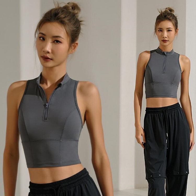 ヨガウェア ジップアップ ショート丈 グレー 紫 パープル 灰色 韓国 レディース オルチャン ノースリーブ 襟付き くすみカラー ベイクドカラー ランニング トレーニング ジム ダンス