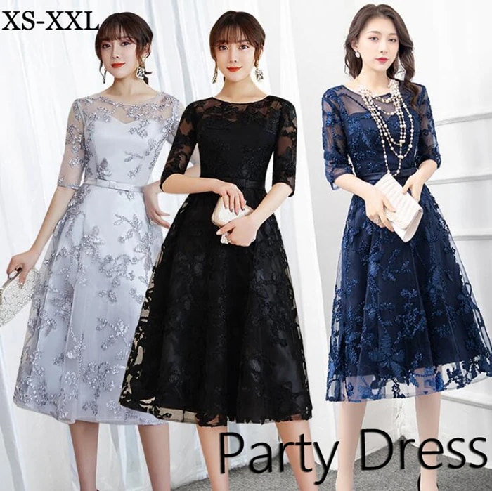 パーティードレス ミモレ丈 結婚式ドレス 刺繍＆総レース　結婚式 パーティドレス お呼ばれドレス 袖あり 袖 ニ次会 フォーマル セレブ 二次会 パーティ 2次会 パーティードレス　チュール