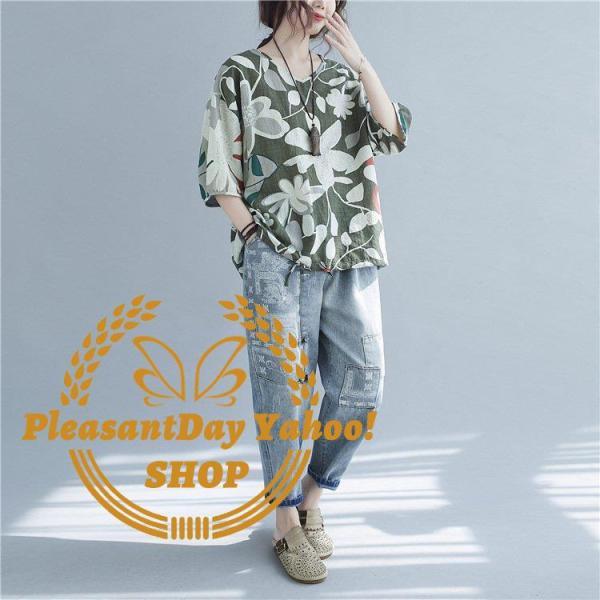 Tシャツ レディース トップス 40代 半袖 Vネック 綿 春夏 新作 大きいサイズ 花柄 UVカット 韓国風 20代 30代 40代 おしゃれ かわいい