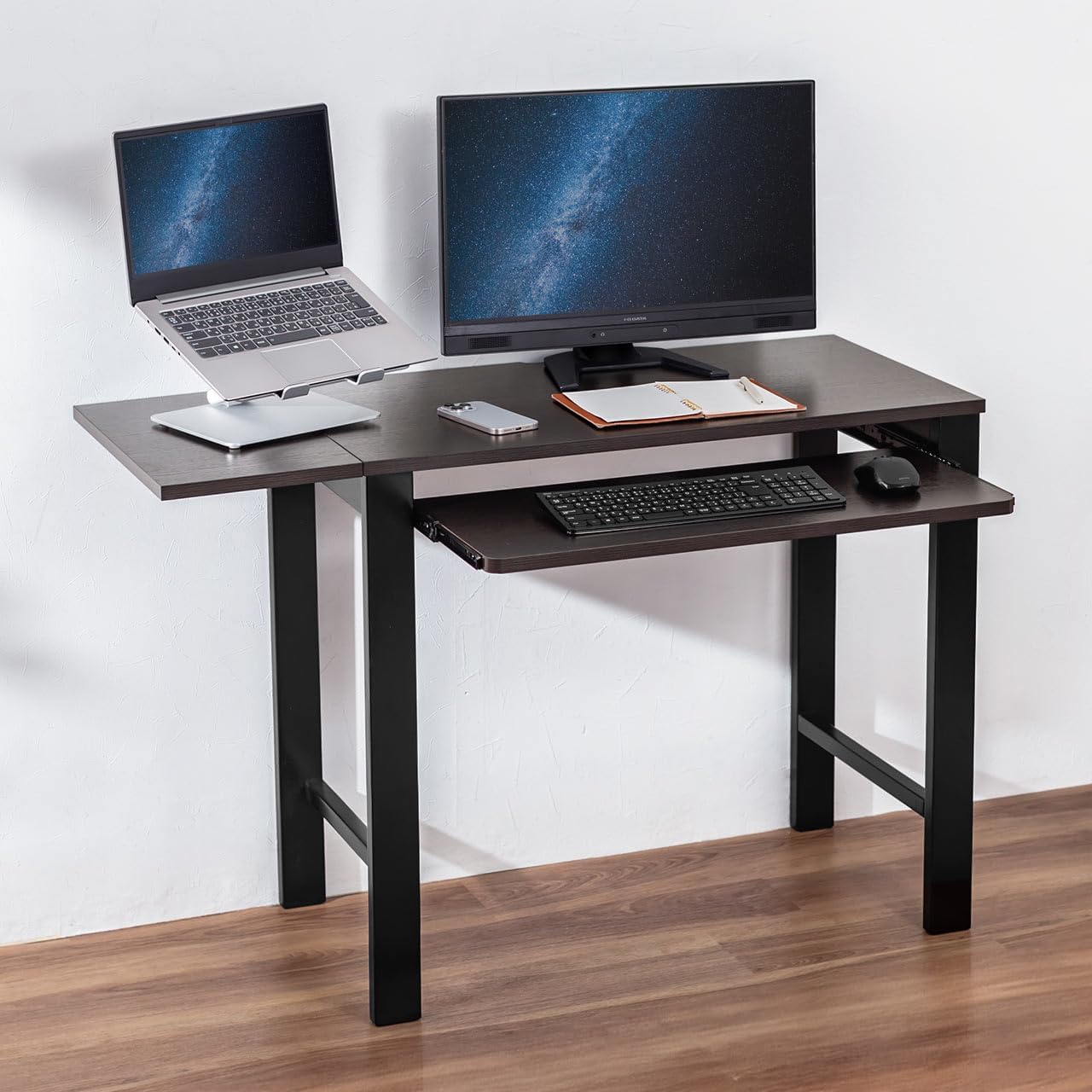 サンワダイレクト パソコンデスク 天板拡張 折り畳み 横幅最大110cm 幅85cm 奥行45cm キーボードスライダー/タップ受け付き モニターアーム対応 ワークテーブル 作業台 テレワーク