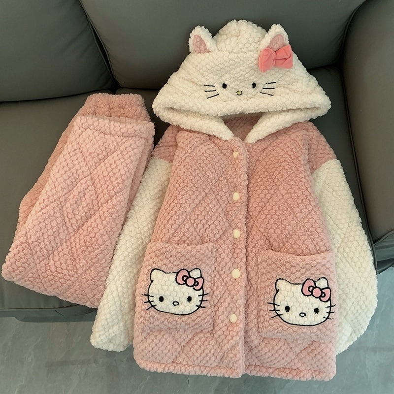冬新作ハローキティ猫フード付きパジャマ三層キルト厚みのあるホーム服セット