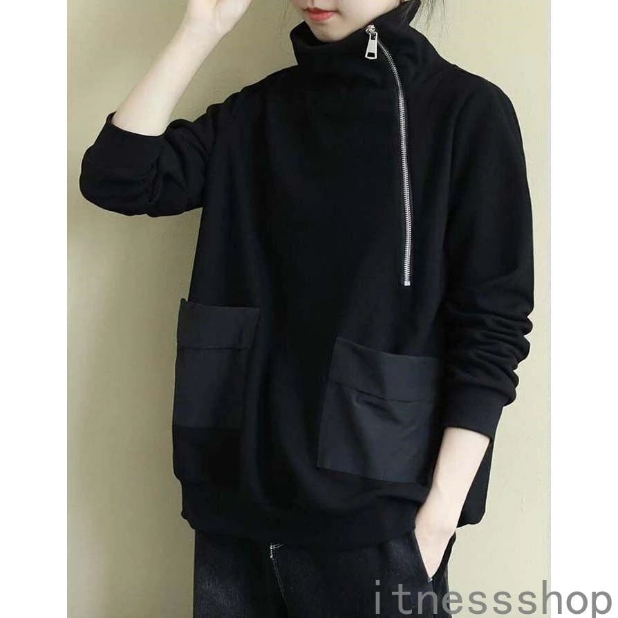 【本日限定激安格】ギフト ハイネックジッパープルオーバー トップス ハイネック ジップアップ プルオーバー レディース トレーナー カジュアル 21 春 夏 ブラック M L XL