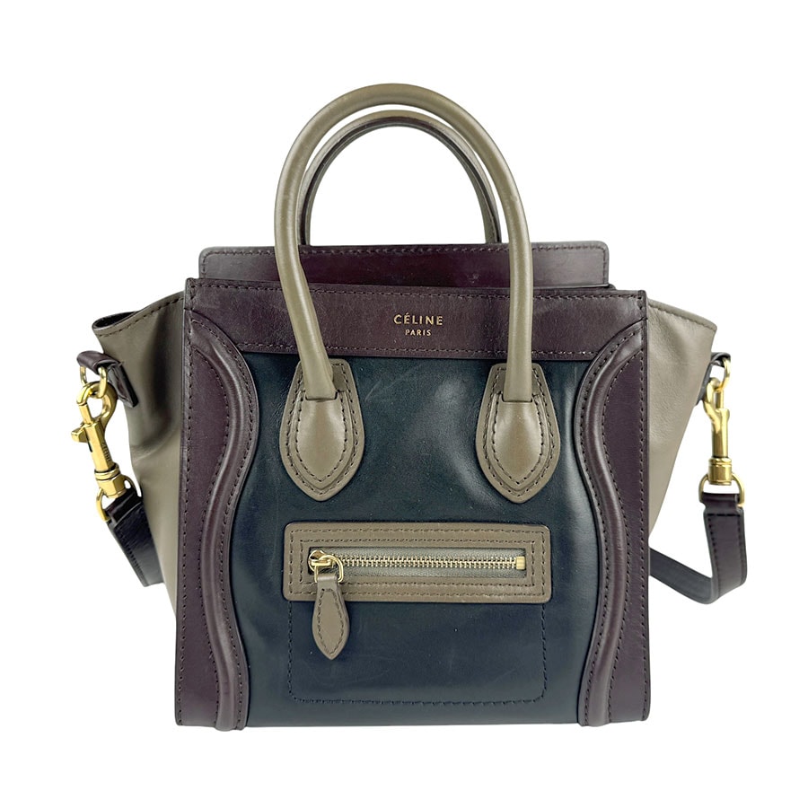 セリーヌ CELINE ハンドバッグ 斜め掛けショルダーバッグ ラゲージ ナノショッパー レザー ブラック/ブラウン/カーキ ゴールド レディース z4385