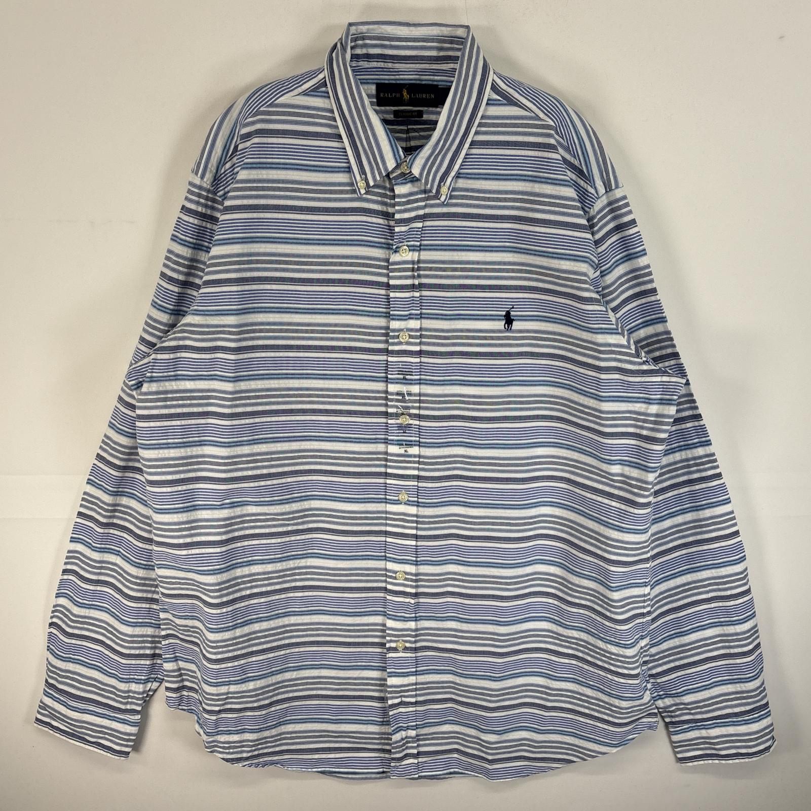 古着 長袖シャツ ロゴ 刺繍 ボタンダウン 大きいサイズ XL ブルー系 無地 メンズ