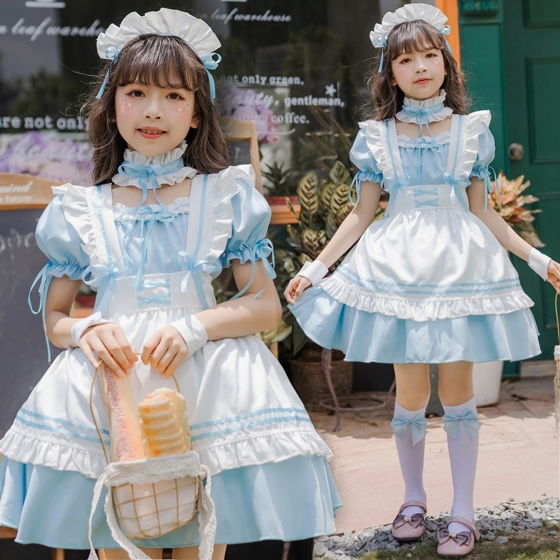ブルーアリス女の子メイド服子供服ロリータかわいいロリータドレス子供用プリンセスドレスロリータ