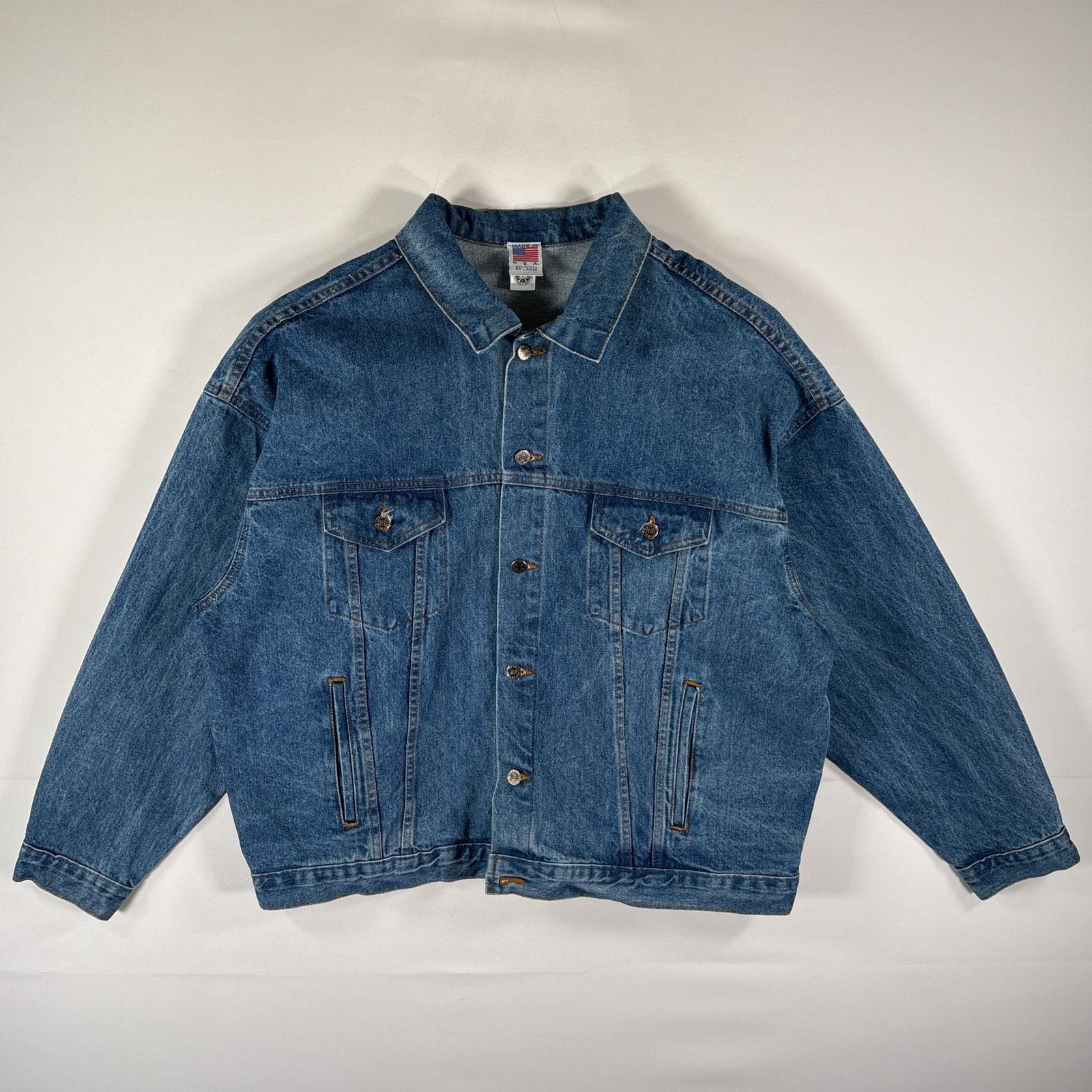 古着 90s/90年代 USA製 デニムジャケット ケロッグデザインロゴ バックロゴ 企業ロゴ 大きいサイズ XXL ブルー メンズ