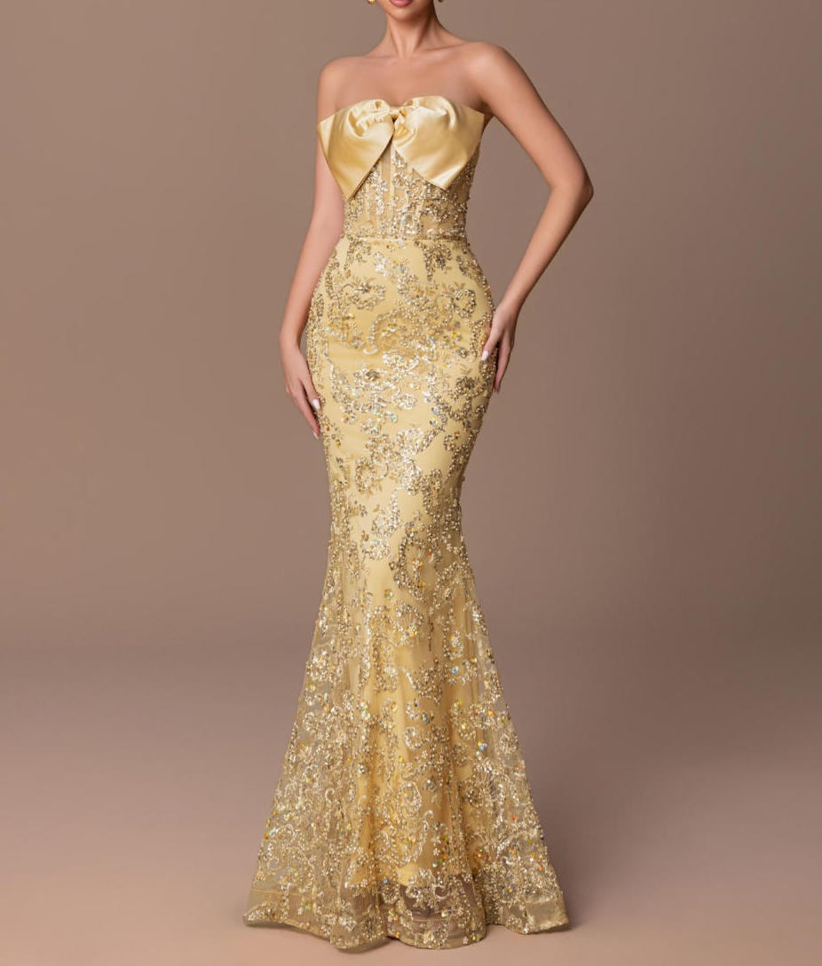 ウェディング·パーティー·ドレス グラマー イブニングドレス - ストラップレス リボン装飾 & マーメイドシルエット繊細なビーズ きらめくスパンコール レッドカーペット高級ウェディング