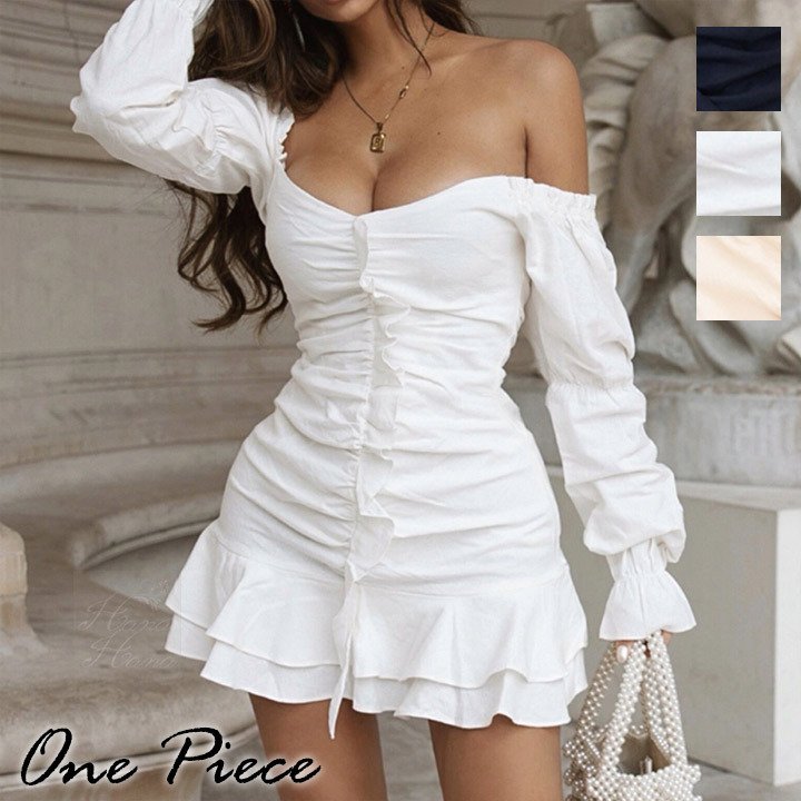 フリルワンピース ミニワンピース オフショルダー ミニ丈 トランペットスカート ワンピース シンプル セクシー フェミニン 春夏 【メール便】 バレンタイン 2025 プレゼント