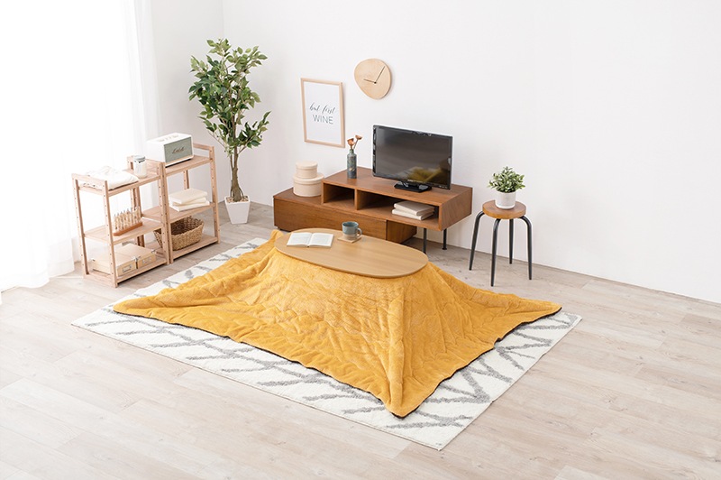 こたつセット こたつ うす掛布団 2点セット ナチュラル/イエロー 90x50cm 木目調 楕円 省スペース 折りたたみテーブル リビングテーブル オールシーズン コタツ