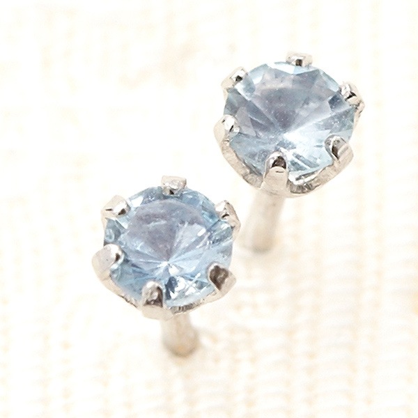 スタッドピアス レディース プラチナ900 アクアマリン 2.5mm シンプル 1粒ストーン 6本爪