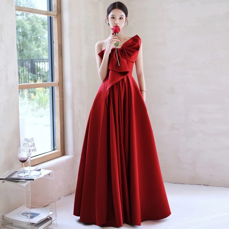 ウェア花嫁のバーガンディリボンドレス女性用2025年秋新作成人セレモニードレス