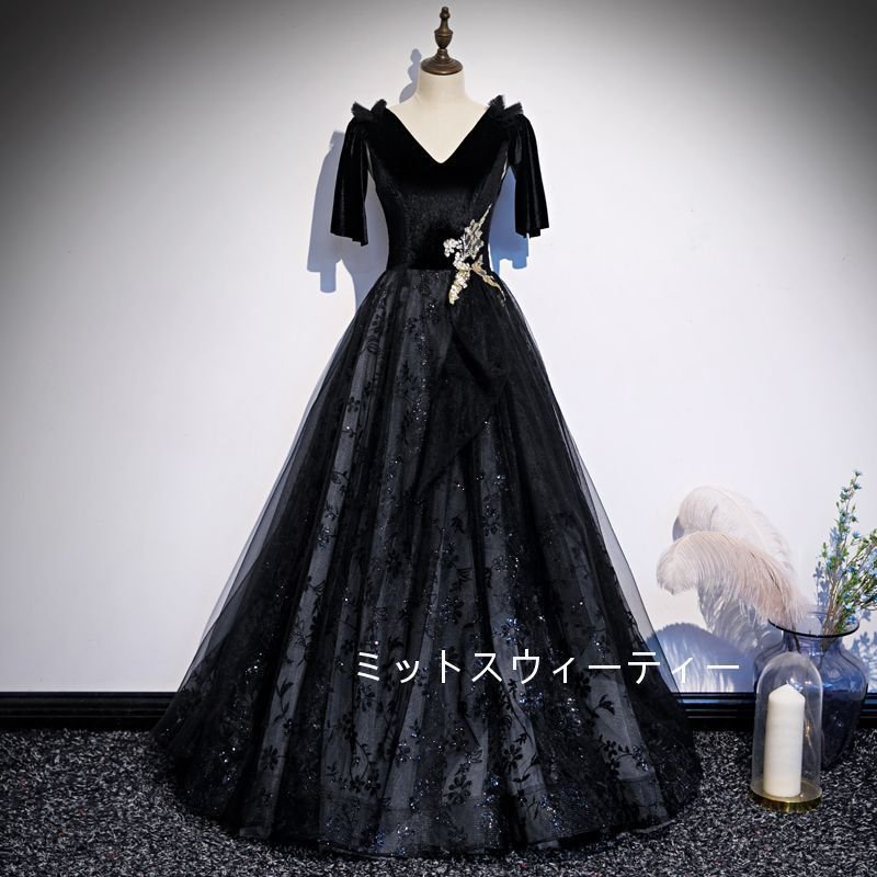 カラードレス 黒 パーティードレス 演奏会 結婚式 ロングドレス イブニングドレス 花嫁 カクテルド