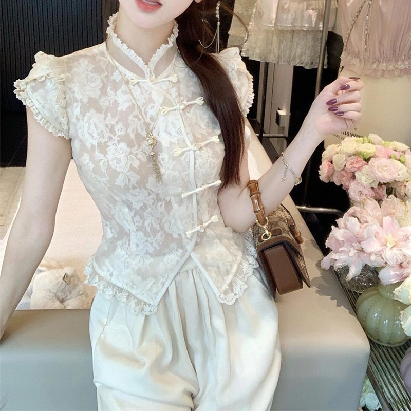 新しい中国風デザインのレディース夏用ツーピースセット：レーストリムのボタンダウントップスとハイウエストのスリムパンツ