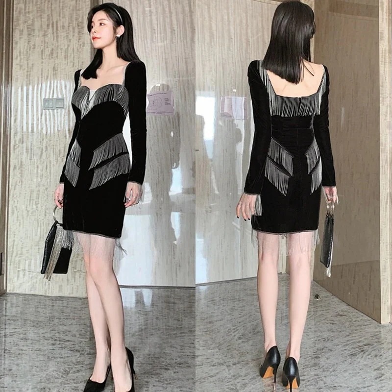 【Fellow 20％割】イブニングドレス フリンジ付き 大人 春秋 ベアワンピ ベルベット ドレス パーティー 着痩せ 大人 お呼ばれ 同窓会 披露宴 卒業式 結婚式 ウェディング30%までに制限