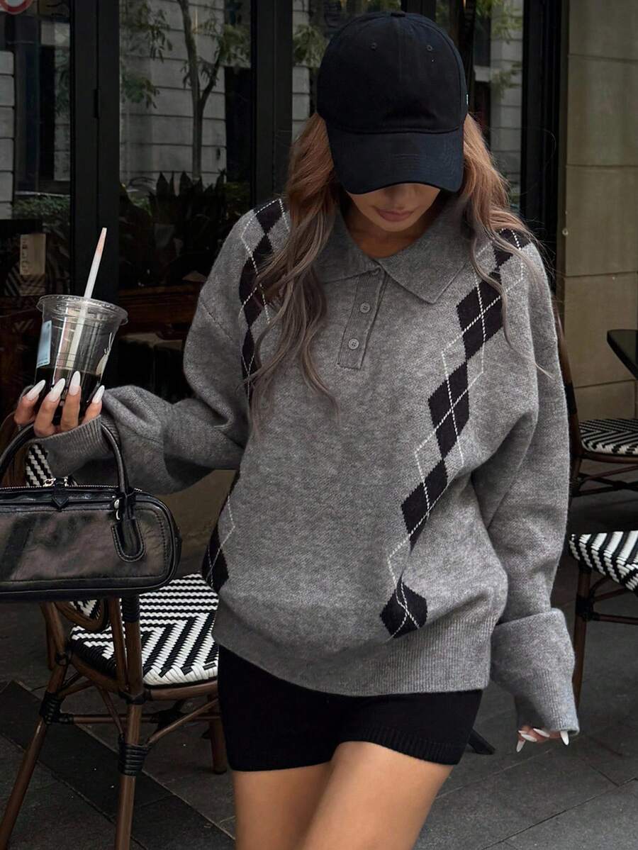 Strévra 女性用 秋 ルーズニットセーター ターンダウンカラー ダイヤモンドパターン
