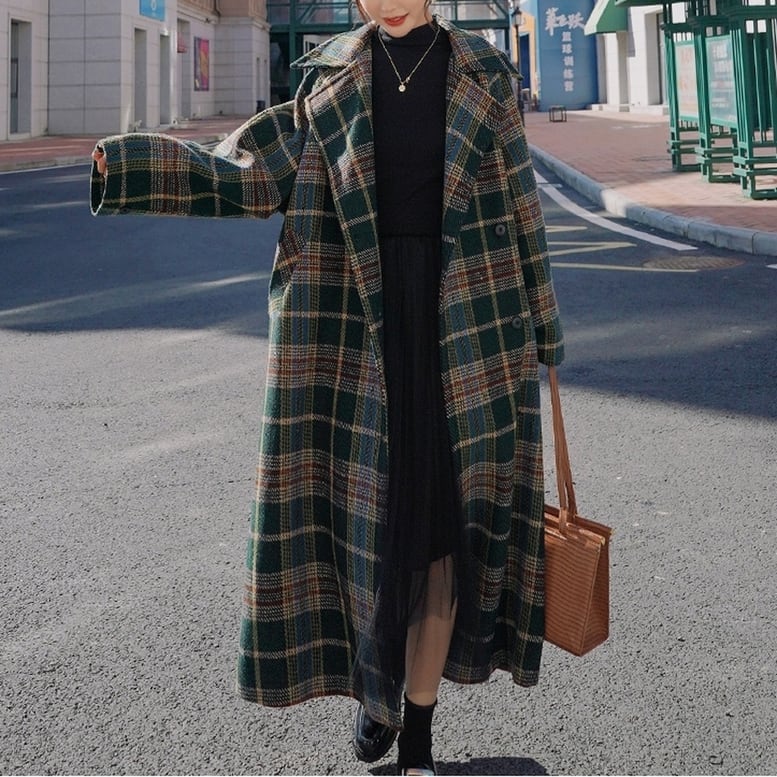 2color レディース ロングコート チェックチェスターコート バックスリット 81