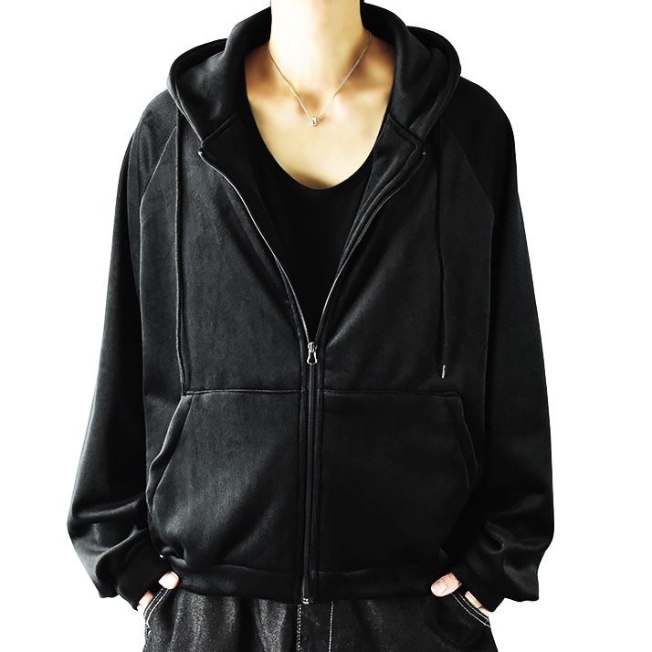 フルジップパーカー メンズ 厚手 ジップアップパーカー 韓国 黒 ジップパーカー ベロア パーカー ラグランスリーブ 暖かい パーカー 無地 ルーズフィット 裏起毛仕立て モード系 ヴィジュアル系