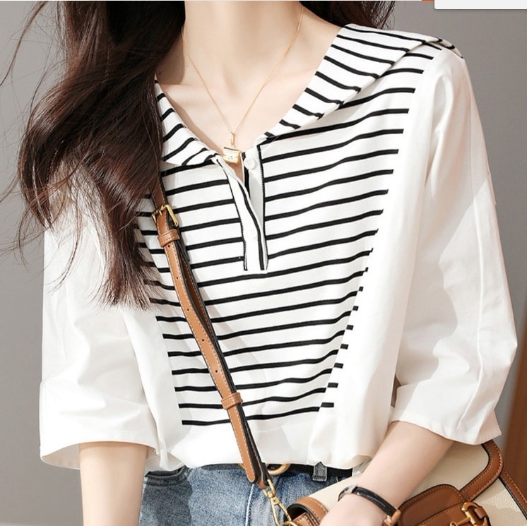 襟元セーラーデザイン ストライプトップス カジュアルトップス 七分袖プルオーバートップス トップス シャツ プルオーバー 白シャツ 白トップス ショート ショート丈 袖あり 7分袖 七分袖 長袖