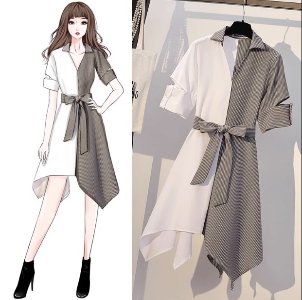 ワンピース シャツワンピース ミモレ丈 ウエストマーク リボン 切り替えデザイン 半袖 通勤 コラージュ L XL 2XL 3XL ストライプ Vネック 夏 プルオーバー ベルト ホワイト トップス