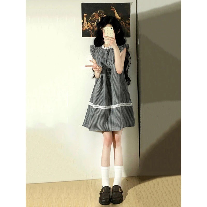 小学生向け和菓子チェック柄小比翼ワンピース 夏ゆったり肉感着痩せaラインスカート