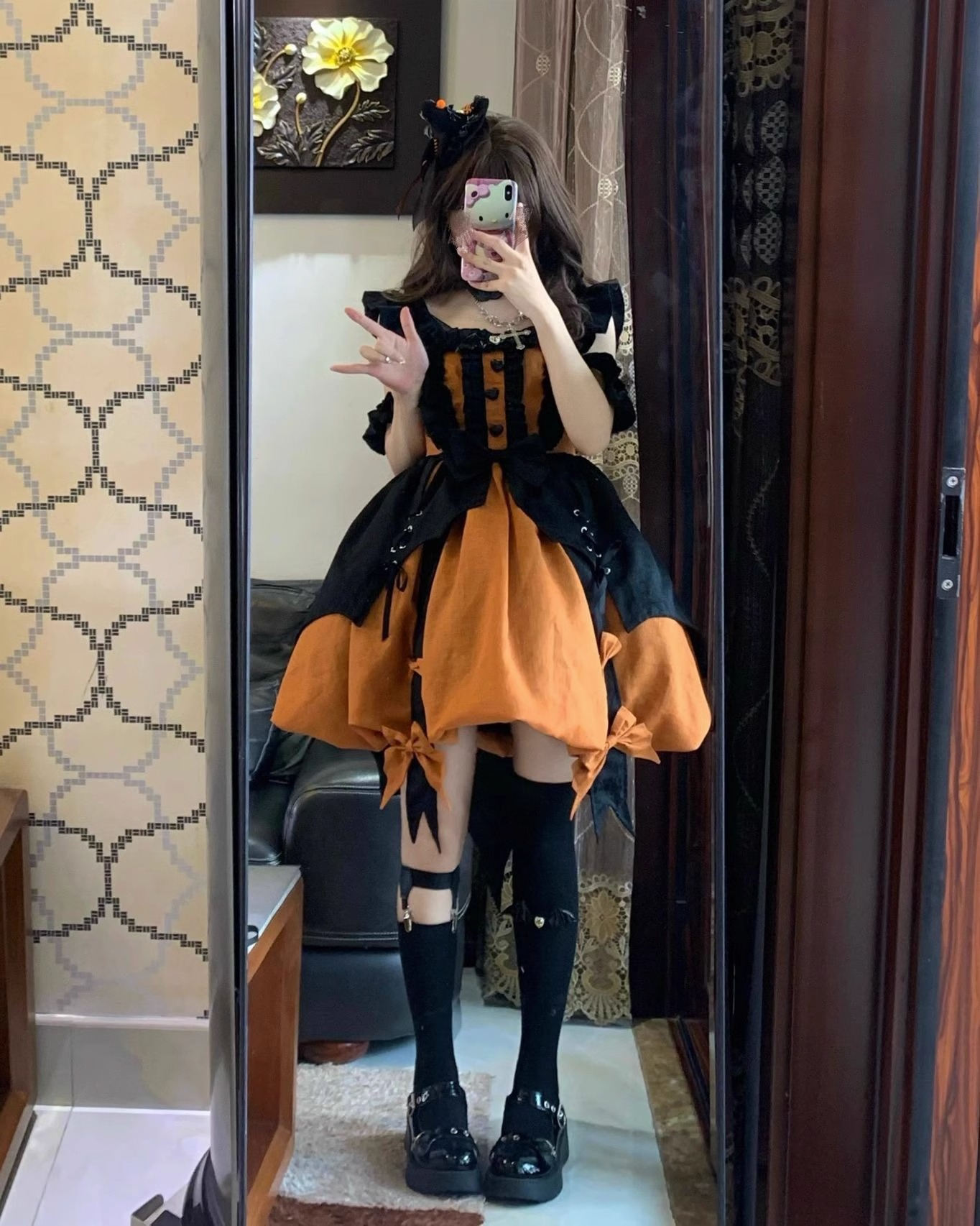 かぼちゃ色の小さな魔女ロリータドレス Jskドレス ロリータ ふわふわ かわいい プリンセスドレス