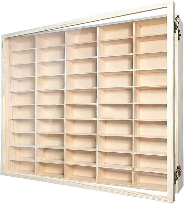 ミニカーケース 木製 透明アクリル扉 壁掛け ミニカー収納( ナチュラル, Lサイズ（最大50台収納可能）)