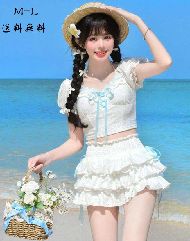 超目玉新品 タンキニ水着 ロリータ 服みたいな 水着 2点セット 半袖 リボン ワイヤーなし パッド付 レディース ティアードスカート 花柄 フリル 着痩せ シンプル 写真映え 撮影 海 夏 サマー